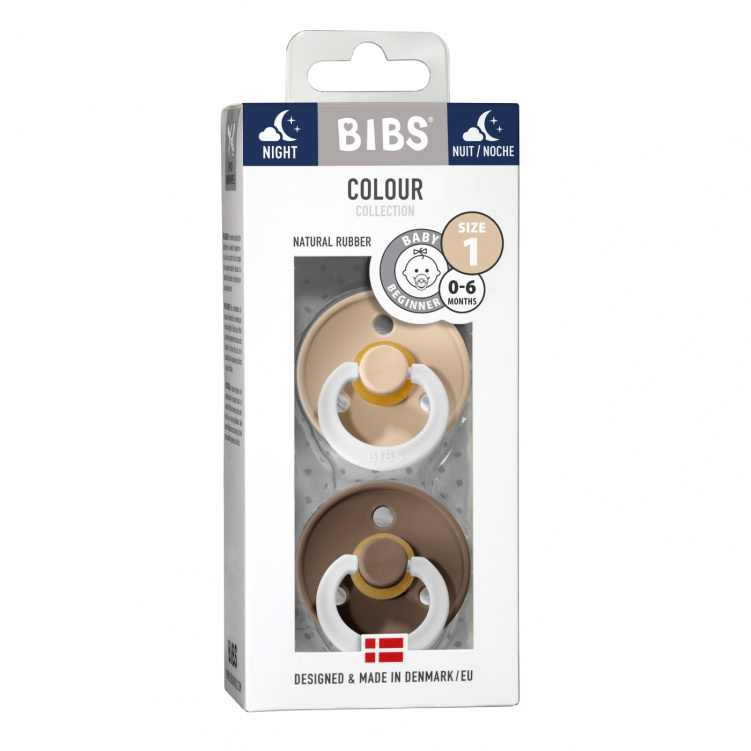 BIBS Napp Colour Night Latex 2-pack 0-6 mån Vanilla/Dark Oak i gruppen Babytillbehör / Nappar och tillbehör / Nappar 0-6 månader hos Bonti (BIBS110244)
